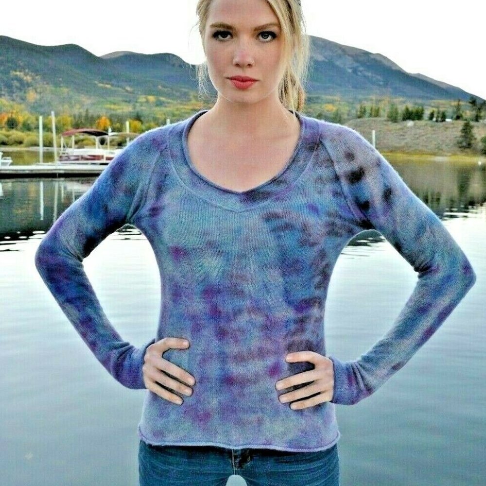 Calypso pullover Cashmere Sweater Gray Blue Purple Black XS dyed small med camo